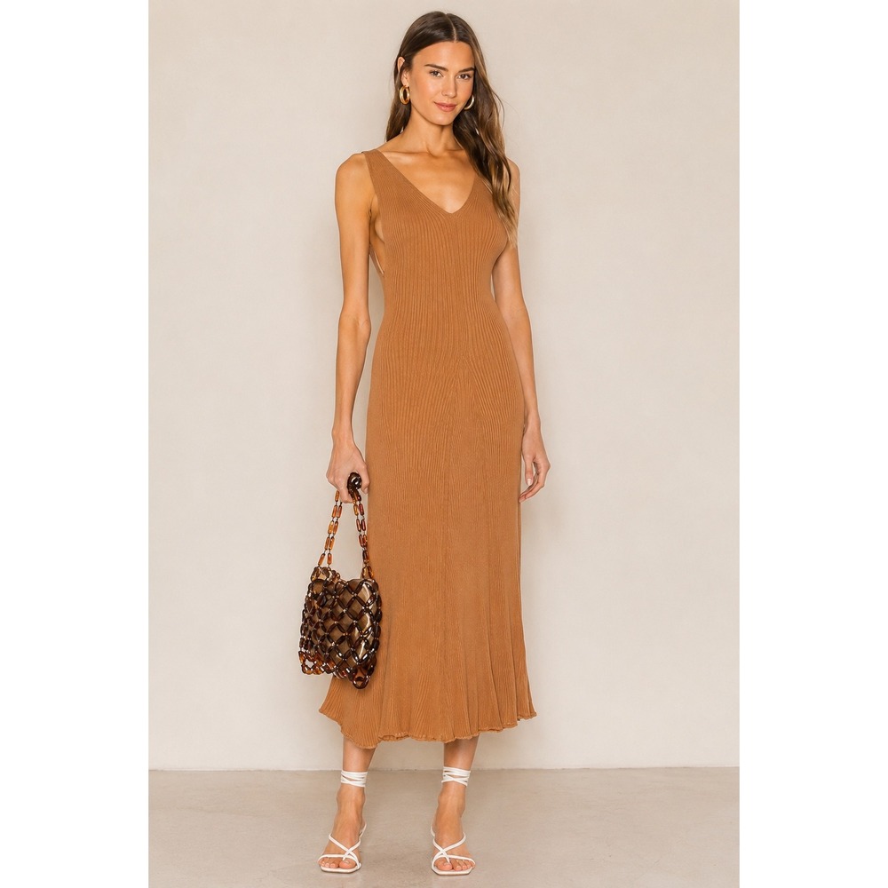 Free People Sweet As Honey Dress Copper Ribbed Maxi Low Back Sleeveless Large